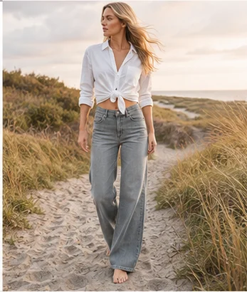 KI-Kampagnenbild, Model in der grauen Wide-Leg-Jeans am Strand